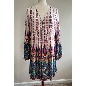 Umgee Trumpet Sleeve V-Neck Dress Womens M Paisley Print Flowy Boho